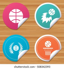 Basketball icons. Ball with basket and fireball.