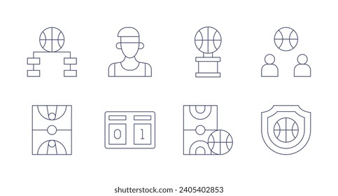 Basketball icons. Editable stroke. Containing hierarchy, basketball, basketball players, basketball field, scoreboard.