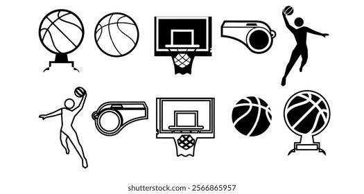 Basketball icons. Included the icons as basketball player, dunk, shoot, competition, match, hoop and more.