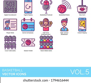 Basketball Icons Including Digital Scoreboard, Podcast, News, Kiss Cam, Player Stats, Game Schedule, Half-time Entertainment, Highschool, Instant Replay, Courtside, Season Ticket, Nosebleed Seats.