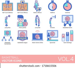 Basketball icons including half-court defense, offense, motion, halftime, overtime, jump shot, three-pointer, ball, rimshot, tournament, league, watch game online, sports bar, team ranking.