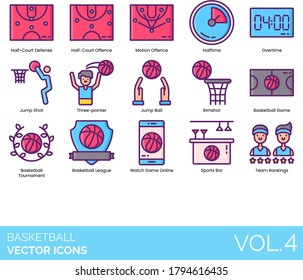 Basketball icons including half-court defense, offense, motion, halftime, overtime, jump shot, three-pointer, ball, rimshot, tournament, league, watch game online, sports bar, team ranking.