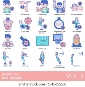 Basketball icons including violation, technical foul, offensive, disqualifying, hand-check, held, kicking, up and down, three seconds rule, carry, penalty, ball fake, whistle, banana cut, bank shot.