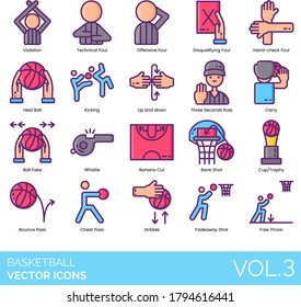 Basketball icons including violation, technical foul, offensive, disqualifying, up and down, three seconds rule, carry, ball fake, whistle, trophy, bounce, chest pass, dribble, fadeaway, free throw.