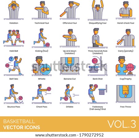 Basketball icons including violation, technical foul, offensive, disqualifying, three seconds rule, carry, penalty, ball fake, whistle, banana cut, bank shot, cup, trophy, bounce, chest pass, dribble.