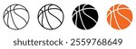 Basketball icons in outline, solid and orange styles showing clean panel lines, ideal for sports apps, game stats, score dashboards, team graphics and athletic UI markers.