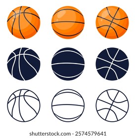 Basketball icons set. Balls different side view, silhouette, line and orange colorful. Championship or tournament professional sport logotype. Team emblem isolated elements. Vector set