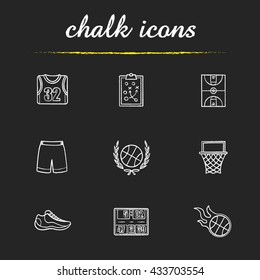 Basketball Icons Set. Clipboard Game Plan, Field, Hoop, Shirt, Shorts And Shoe, Ball In Laurel Wreath, Scoreboard And Burning Ball. Isolated Vector Chalkboard Drawings