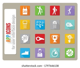 basketball icons set in flat design with long shadow