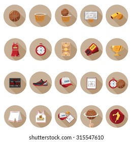 Basketball icons set in flat design with long shadow. Illustration EPS10