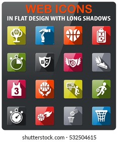 basketball icons set in flat design with long shadow