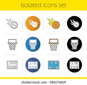 Basketball icons set. Flat design, linear, black and color styles. Burning ball, hoop, scoreboard. Isolated vector illustrations
