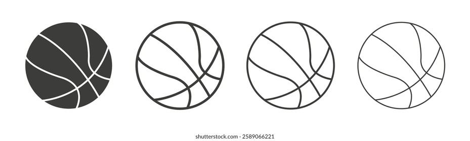 Basketball icons set. Liner outlined and flat black color
