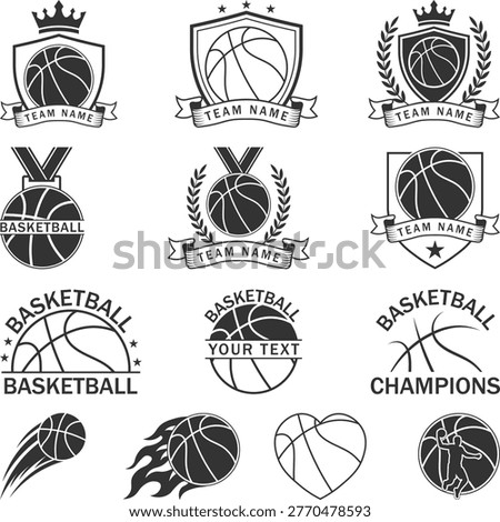 Basketball icons set Silhouettes, Basketball Custom Logo, Basketball Hoop vector Illustration, Basketballs Court minimalist sports equipment, Cut files for your crafting