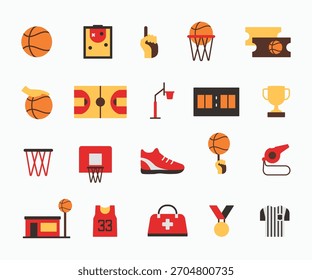 Los iconos del baloncesto fijan la Ilustración vectorial simple del estilo de los colores planos. Símbolo del símbolo del símbolo del deporte del baloncesto colecciones