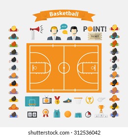 Basketball Icons set.Flat design with women and men team,commentators,basketball ball,cup,scoreboard,basketball net,field,laurel wreath,whistle,television,horn,point,sneakers,athletic form,ticket