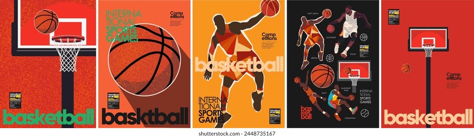 Basketball. International sports games. Vector illustration of basketball player, athlete, jump,  goal, ball, basketball hoop for poster, cover or background