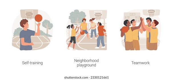 Basketball isolated cartoon vector illustration set. Self-training, teenage boy twirling ball on finger, neighborhood playground, casual game outdoor, teamwork, team spirit vector cartoon.