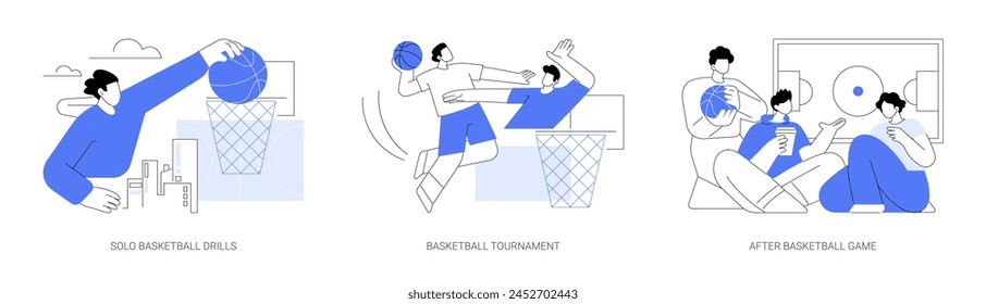 Conjunto de Ilustraciones vectoriales de dibujos animados aislados de baloncesto. El atleta lanza la pelota en la canasta, entrena solo, torneo local, diverso equipo jugando juntos, amigos se relajan después de la caricatura del Vector del juego.