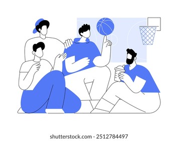 Ilustrações isoladas do vetor de desenhos animados em basquete. Grupo de jogadores de basquete estudantes têm uma pausa, rindo e se divertindo com amigos da universidade, saudável e ativo estilo de vida vetor cartoon.