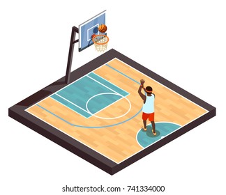 Basketball isometric betting online composition with training basketball court and one player with ball and hoop vector illustration