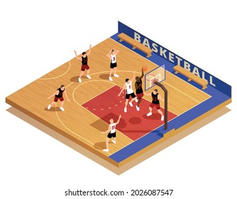 Basketball isometric composition with characters of playing team members jumping raising hands throwing ball into basket vector illustration