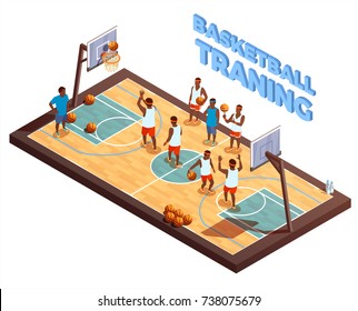 Basketball isometric composition with hardwood court and basketball team with human characters of players and coach vector illustration