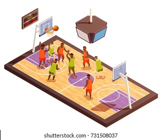 Basketball isometric composition with hardwood playground and human characters of team members with hoops and scoreboard vector illustration