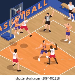 Basketball isometric composition with human characters of team players and referee on court with basket pole vector illustration