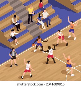 Composición isométrica del baloncesto con un escenario de corte interior con gente sentada viendo el juego y miembros del equipo de juego ilustración vectorial