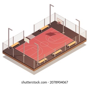 Composición isométrica del baloncesto con vista aislada de madera dura de calle con faros de banco y ilustración vectorial de corte marcado