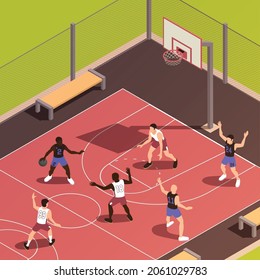 Basketball isometric composition with outdoor view of basketball court with characters of team members and benches vector illustration