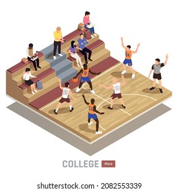 Composición isométrica del baloncesto con texto y visión de la audiencia de los estudiantes universitarios y miembros del equipo durante la ilustración del vector del juego