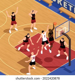 Basketball isometric composition with view of court during team game with player throwing ball into basket vector illustration