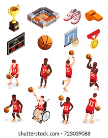 Basketball isometric icons collection of isolated human characters of players equipment items and awards with shadows vector illustration