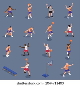 Basketball isometric set of isolated icons with bench basket and human characters of players different positions vector illustration