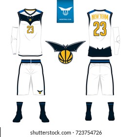 Basketball jersey, shorts, socks template for basketball club. Front and back view sport uniform. Tank top t-shirt mock up with basketball flat logo design on label. Vector Illustration.