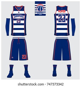 Basketball jersey template design. Blue and white stripe tank top t-shirt mockup for basketball club. Front view and back view sport uniform. Vector Illustration.