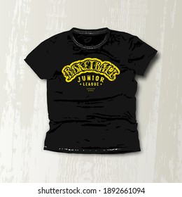 Basketball junior league emblem. Graphic design with lettering for t-shirt. Yellow print on black wear 