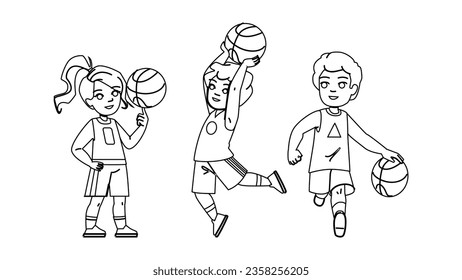 basketball kid vector. child sport, player play, basket activity, boy team, action youth basketball kid character. people black line illustration