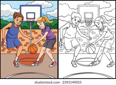 Basketball Kids Playing Coloring Page Illustration