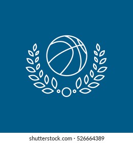 Basketball Laurel Wreath Line Icon On Blue Background