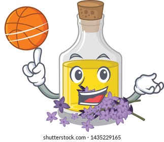 With basketball lavender oil in a cartoon bottle