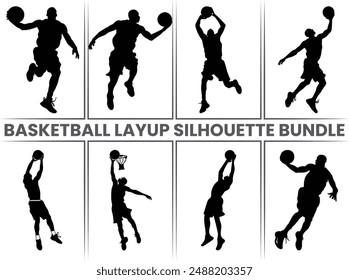 Basketball Layup silhouette, Basketball player, basketball players vector silhouette, Basketball player black silhouette vector illustration isolated on white background.