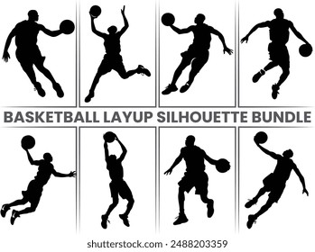 Basketball Layup silhouette, Basketball player, basketball players vector silhouette, Basketball player black silhouette vector illustration isolated on white background.