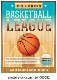 A basketball league flyer or poster perfect for basketball announcements, games, leagues, camps, and more. Vector EPS 10. File is layered for easy separation of text from the background.