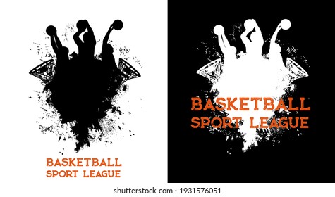 Basketball league players and ball in basket hoop, sport team club vector poster. Basketball league championship and tournament, silhouette of players shooting ball in basket hoop, splash background