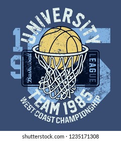 Basketball league university championship team  vintage vector print for t shirt grunge effect in separate layers