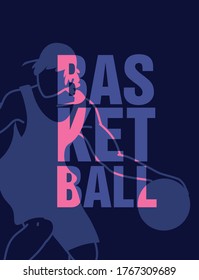 Basketball letters in front of player man with ball silhouette design, sport hobby competition and game theme Vector illustration