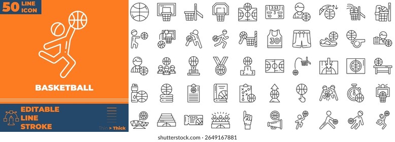Basketball Line Editable Icons set. Vector illustration in modern thin line style of basketball icons: Hoop, Stadium, Basketball Jersey, etc